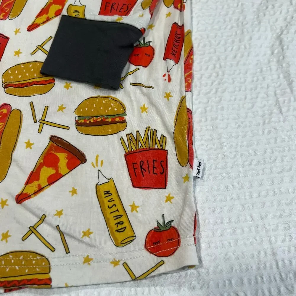 This Little Sleepies pajama top pattern burgers, fries, and ketchup 12/14 kids